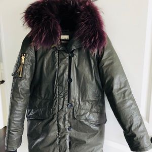 SAM NYC Hudson parka, olive color with purple fur